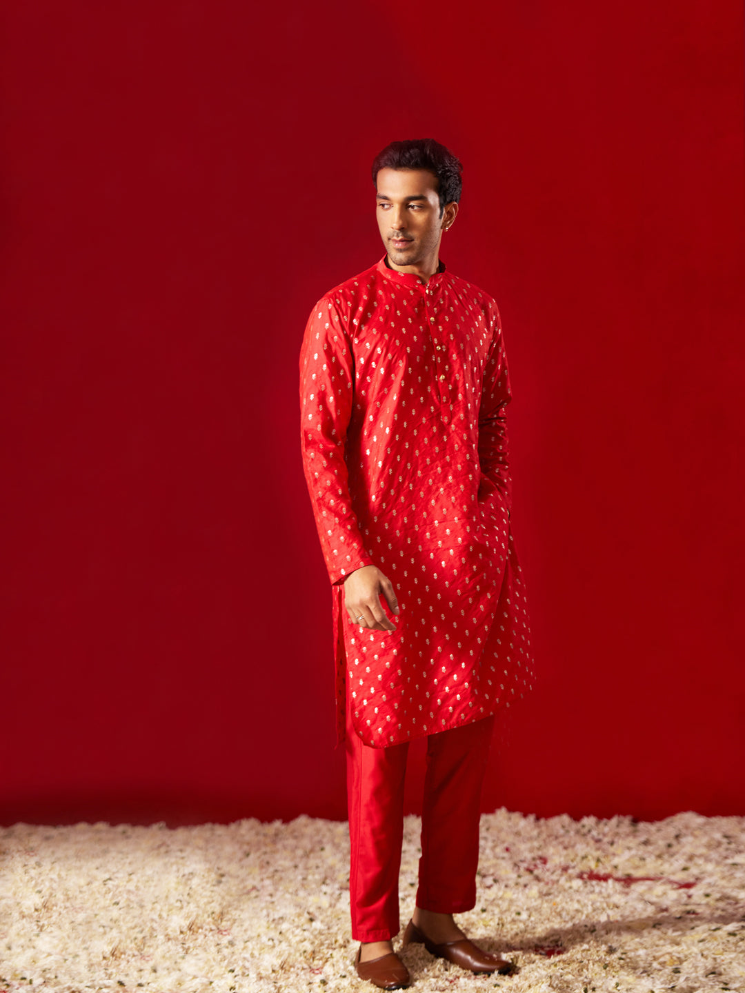 Men's Red Silk Blend Kurta Pyjama Set