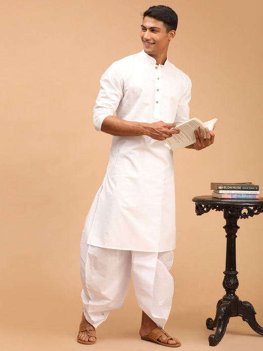 Men's Purple and White Cotton Blend Kurta And Dhoti Set