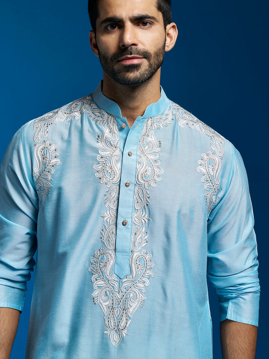 Men's Aqua Viscose Kurta And Pyjama Set.