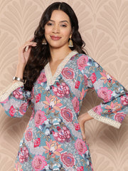 Kalini Women Blue Floral Printed V-Neck, Flared Sleeves Straight Kurta Paired With Tonal Printed Bottom