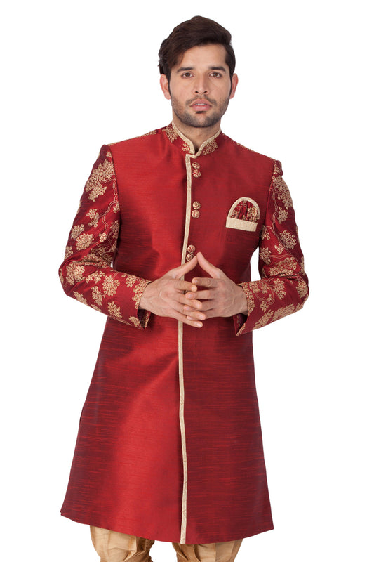 Men's Maroon Silk Blend Sherwani Only Top