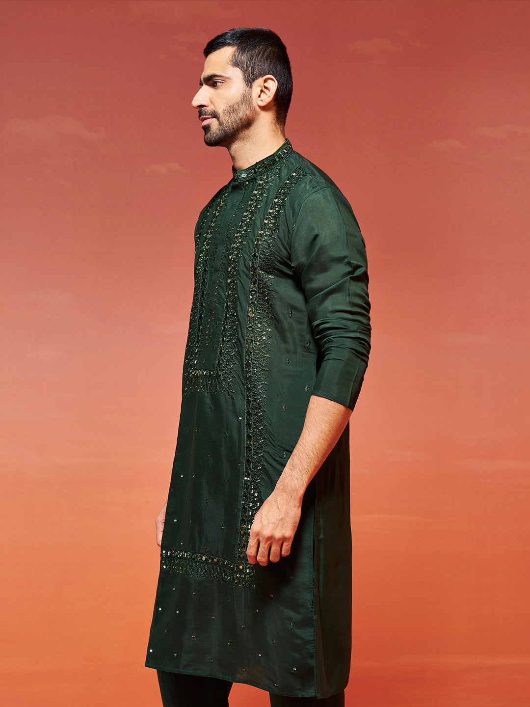 Men's Bottle Green Silk Blend Kurta