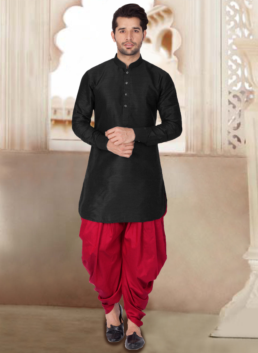 Men's Black Silk Blend Kurta and Dhoti Set