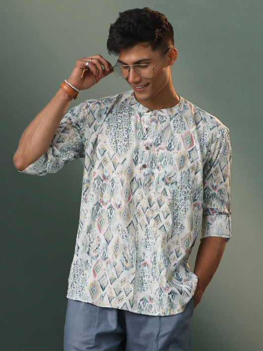 Men's Multicolor Base White Cotton Short Kurta