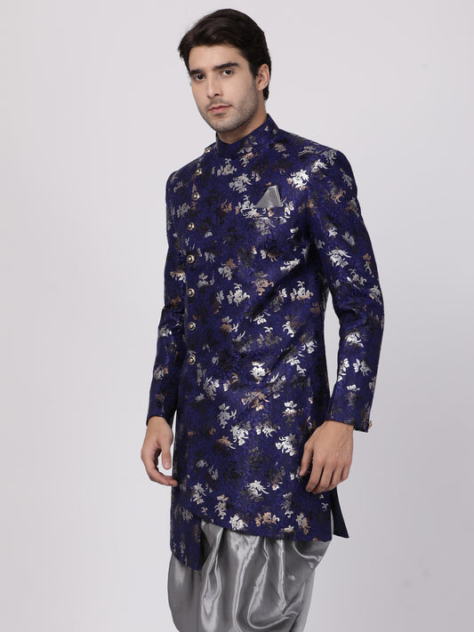 Men's Blue Polyester Lurex Blend Sherwani Only Top