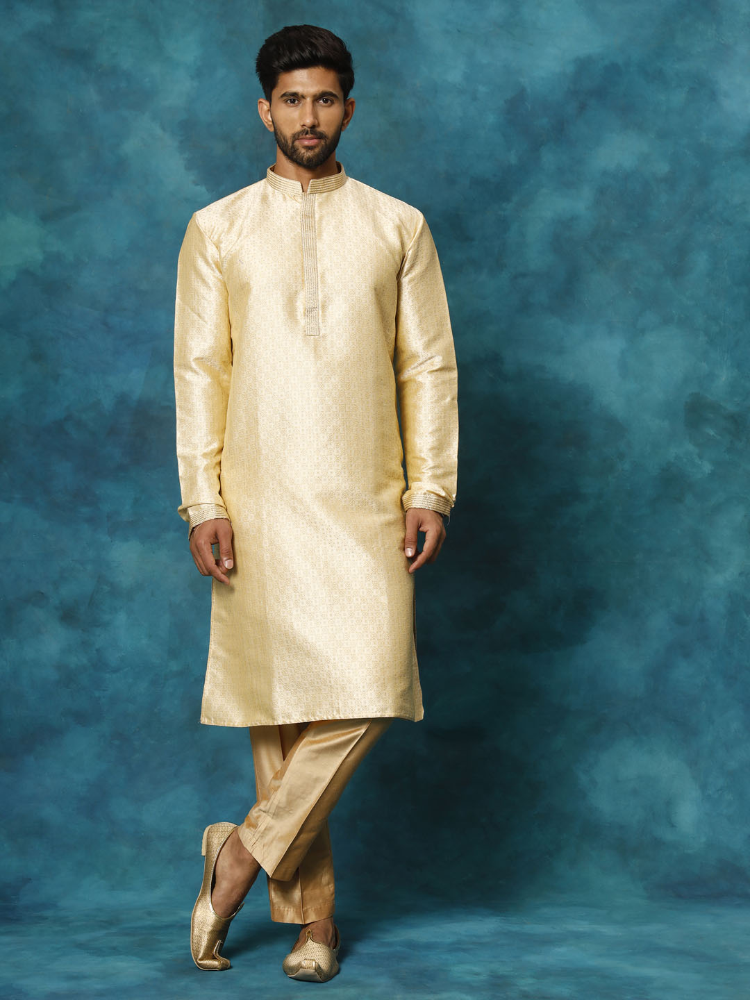 Men's Gold And Rose Gold Silk Blend Kurta Pyjama Set