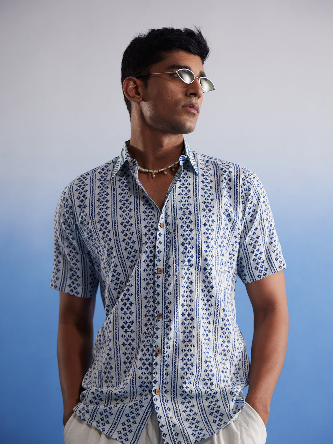 Men's White And Blue Cotton Shirt