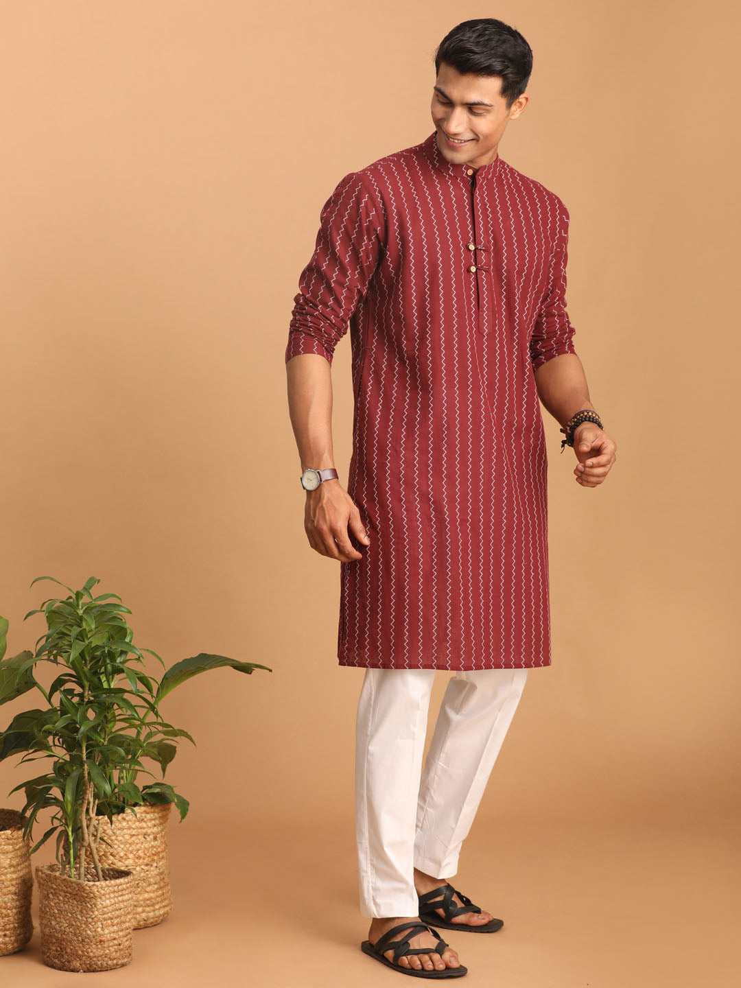 Men's Maroon Cotton Kurta