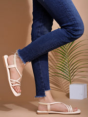 Shoetopia Casual Cream Flat Sandals For Women & Girls