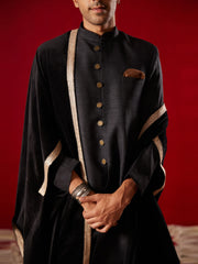 Men's Black Silk Blend Kurta, Pyjama & Dupatta Set