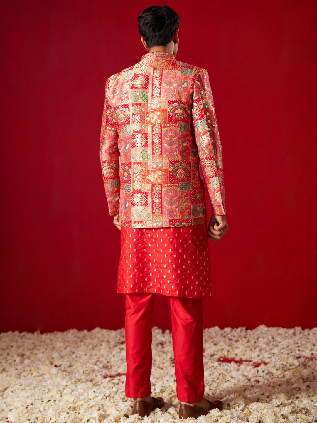 Men's Red Silk Blend Jacket, Kurta and Pyjama Set