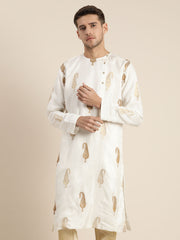 Men's White And Gold Silk Blend Kurta