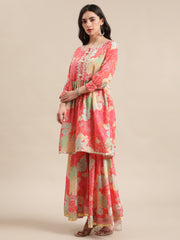 Coral And Sea Green Floral Printed Kurta Sharara Set With Sea Green Mirror Work Dupatta.