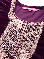 Women Purple Zari Embroidered Kurta Paired With Tonal Bottom And Tonal Dupatta