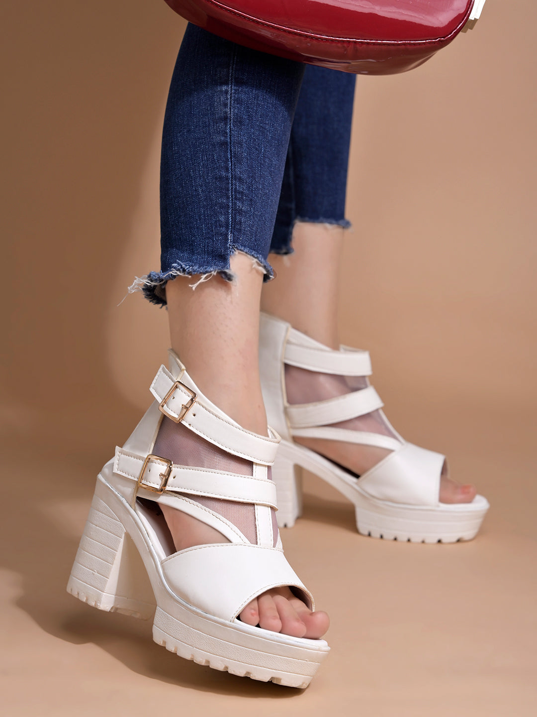 Shoetopia White Platform Peep Toes with Buckles