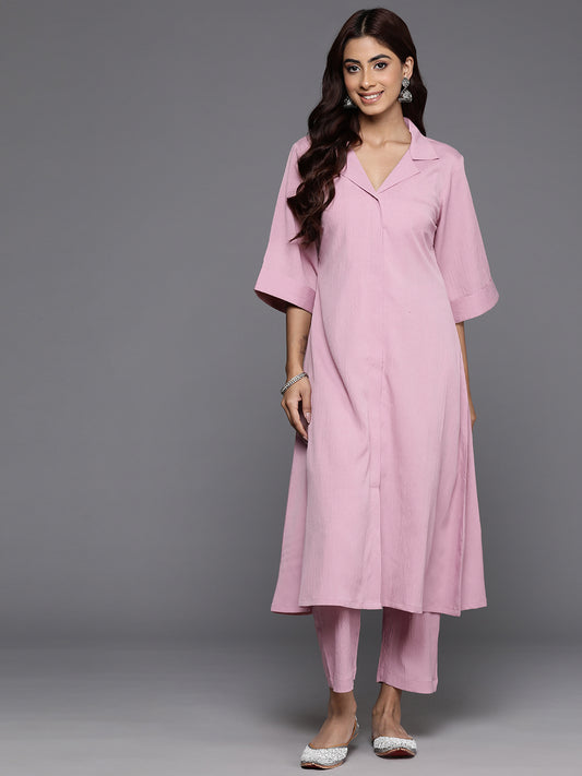 Women Pink Shirt Collar Neck A-Line Kurta Paired With Tonal Bottom