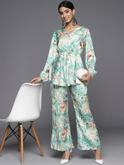 Women Teal Abstract Printed V-Neck Angrakha Style Top Paired With Tonal Printed Flared Bottom