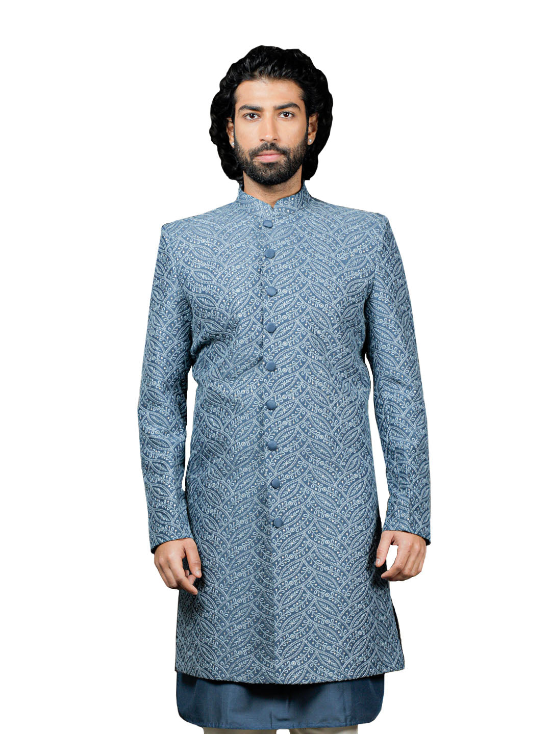 Men's Blue Cotton Blend Sherwani Only Top