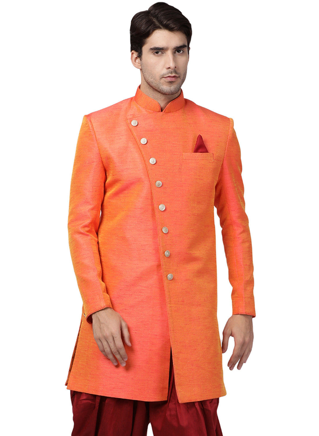 Men's Orange Silk Blend Sherwani Only Top