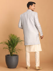 Men's Aqua And Cream Silk Blend Ethnic Combo Set