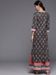 Grey Cotton Blended Printed Straight Kurta Sharara Set