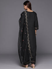 Women Black Thread And Sequins Embroidered Kurta With Bottom And Dupatta