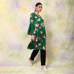 Floral Printed Flared V Neck Kurta Green