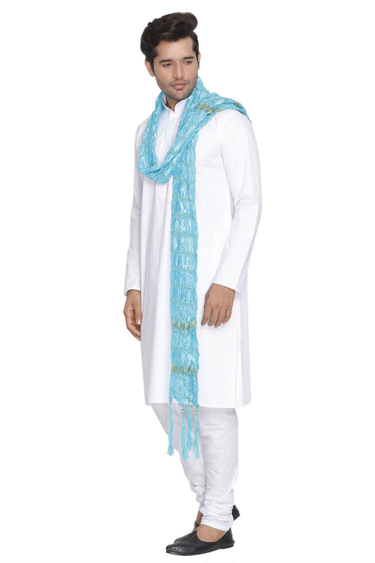 Men's White Cotton Blend Kurta, Pyjama & Dupatta Set