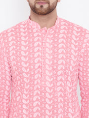 Men's Pink and White Cotton Kurta