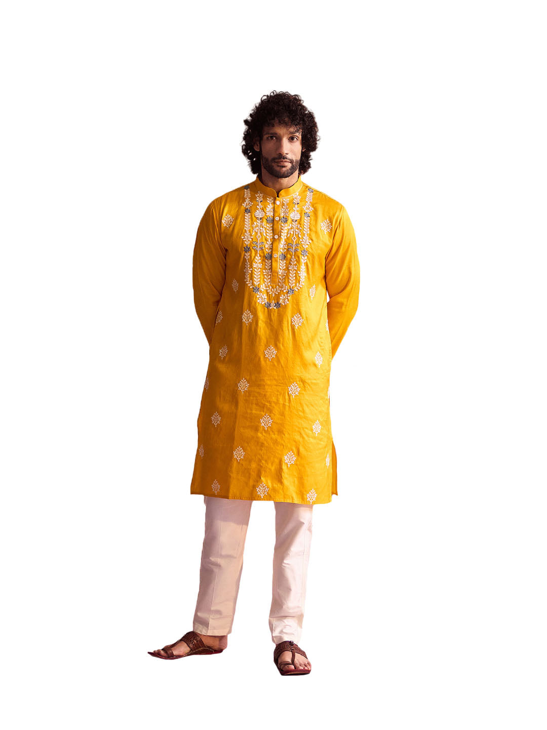 Men's Yellow And Cream Moonga Silk Kurta Pyjama Set