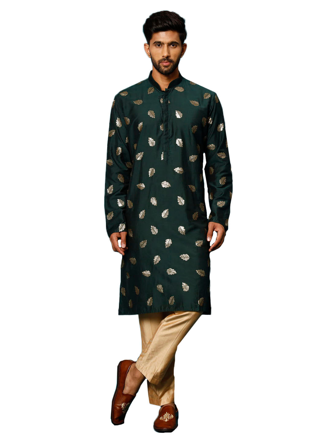 Men's Green And Rose Gold Cotton Blend Kurta Pyjama Set