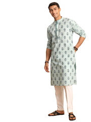 Men's Aqua And White Cotton Kurta And Pyjama Set