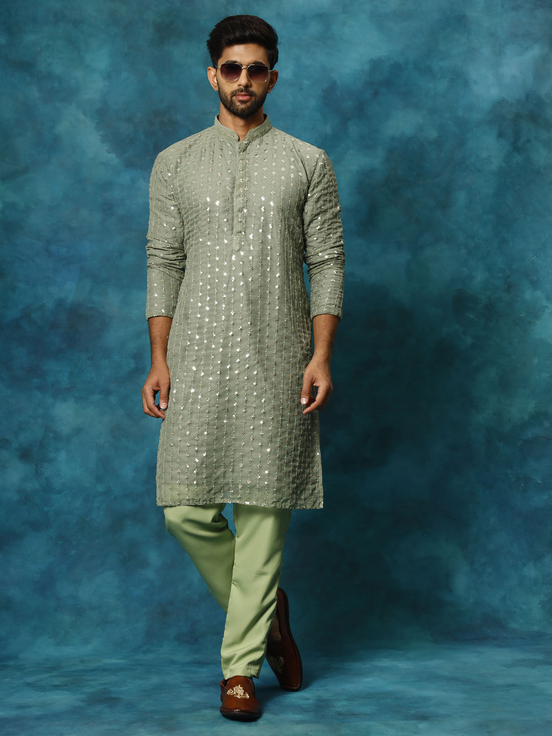 Men's Mint Green Georgette Kurta Pyjama Set