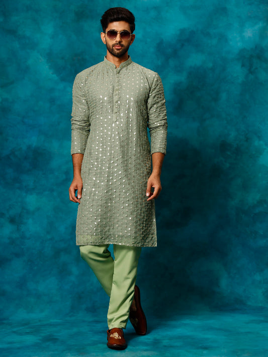 Men's Mint Green Georgette Kurta Pyjama Set