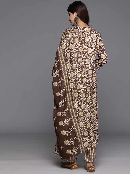 Women Brown Floral Printed Kurta Paired With Bottom & Dupatta