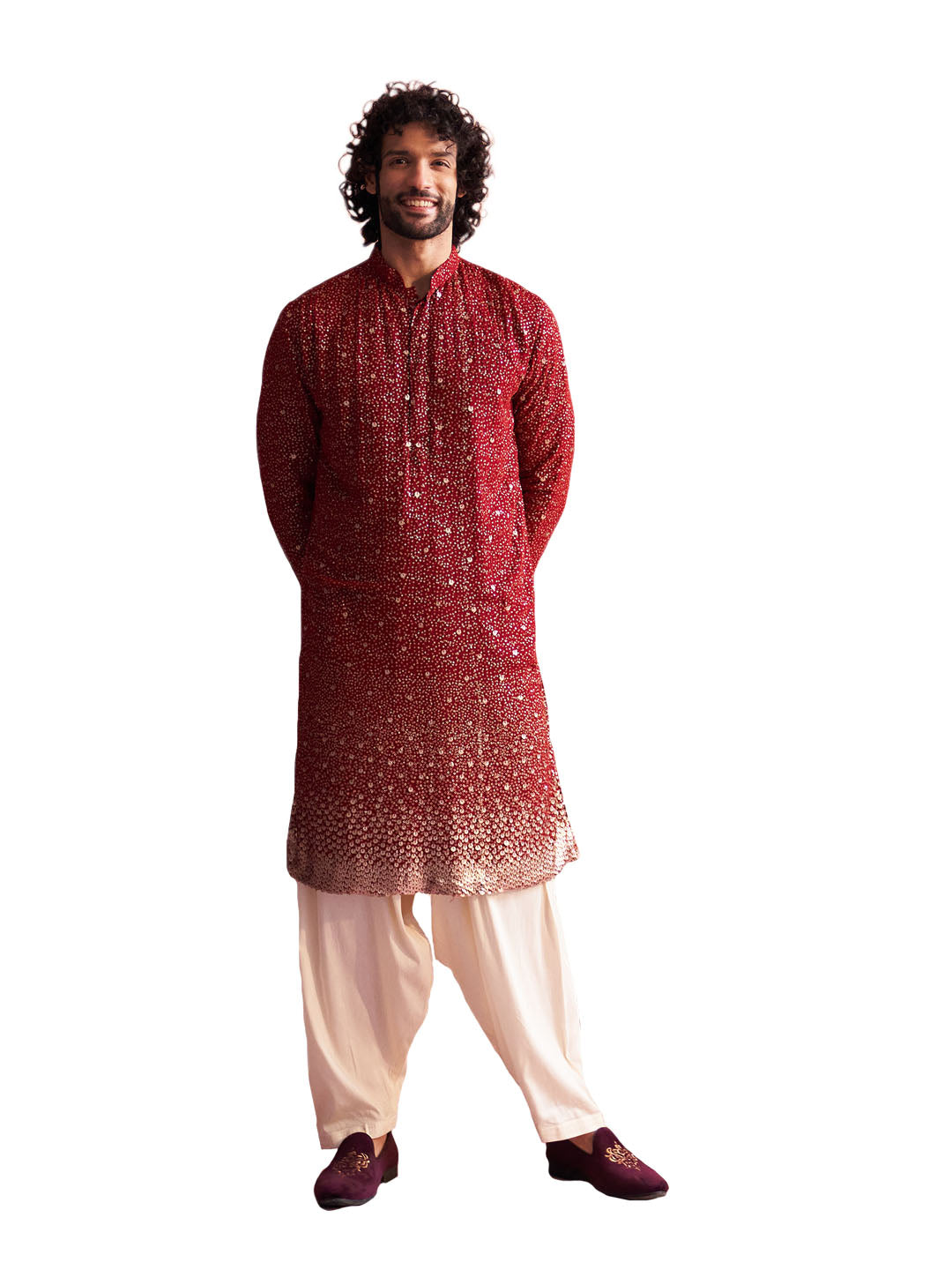 Men's Maroon And Cream Georgette Kurta and Patiala Set