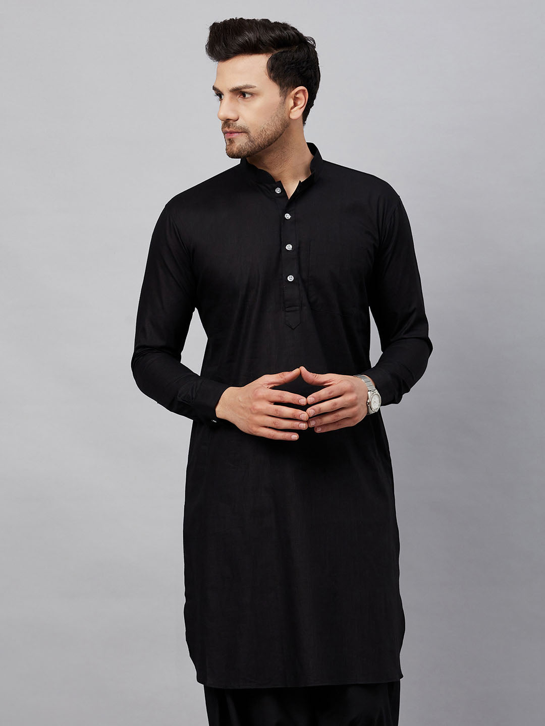 Men's Black Cotton Linen Blend Kurta