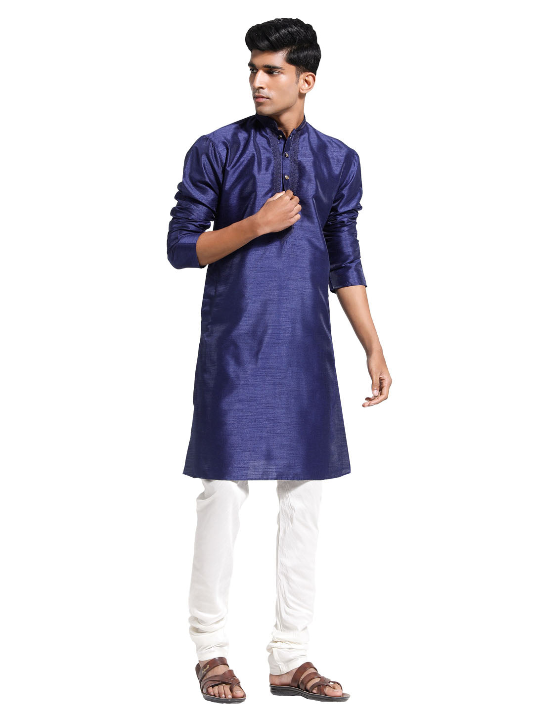 Men's Navy Blue And Cream Dupion Silk Kurta Pyjama Set