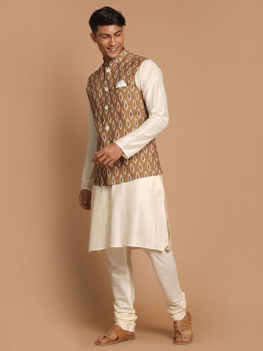 Men's Green And Cream Viscose Jacket, Kurta and Pyjama Set