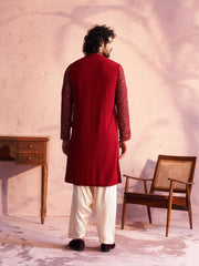 Men's Maroon And Cream Georgette Kurta and Patiala Set