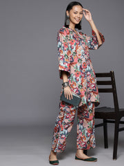 Women Beige Floral Printed Tunic Paired With Tonal Bottom