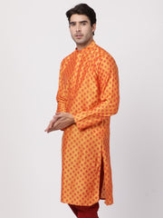 Men Orange Cotton Blend Kurta