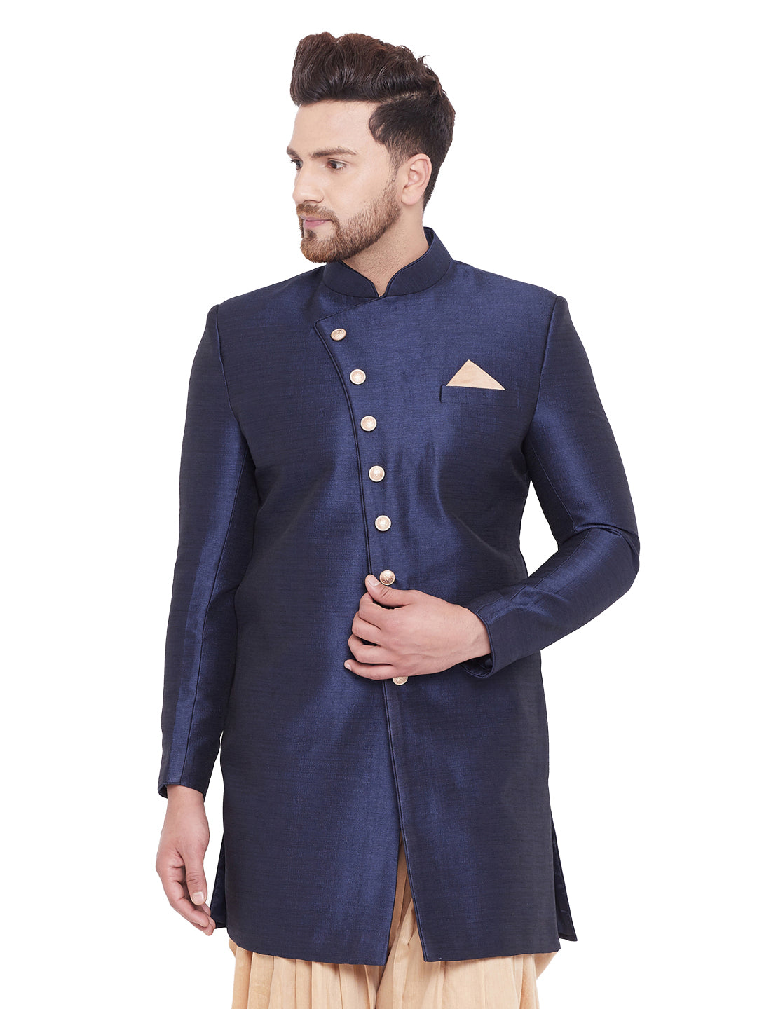 Men's Navy Blue Silk Blend Sherwani Only Top