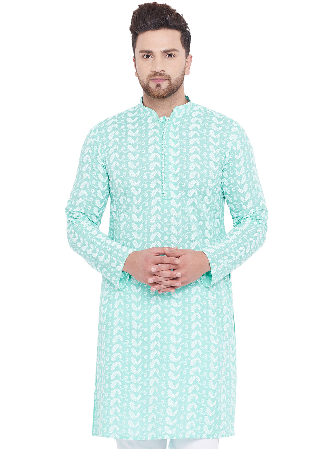 Men's Green and White Cotton Kurta