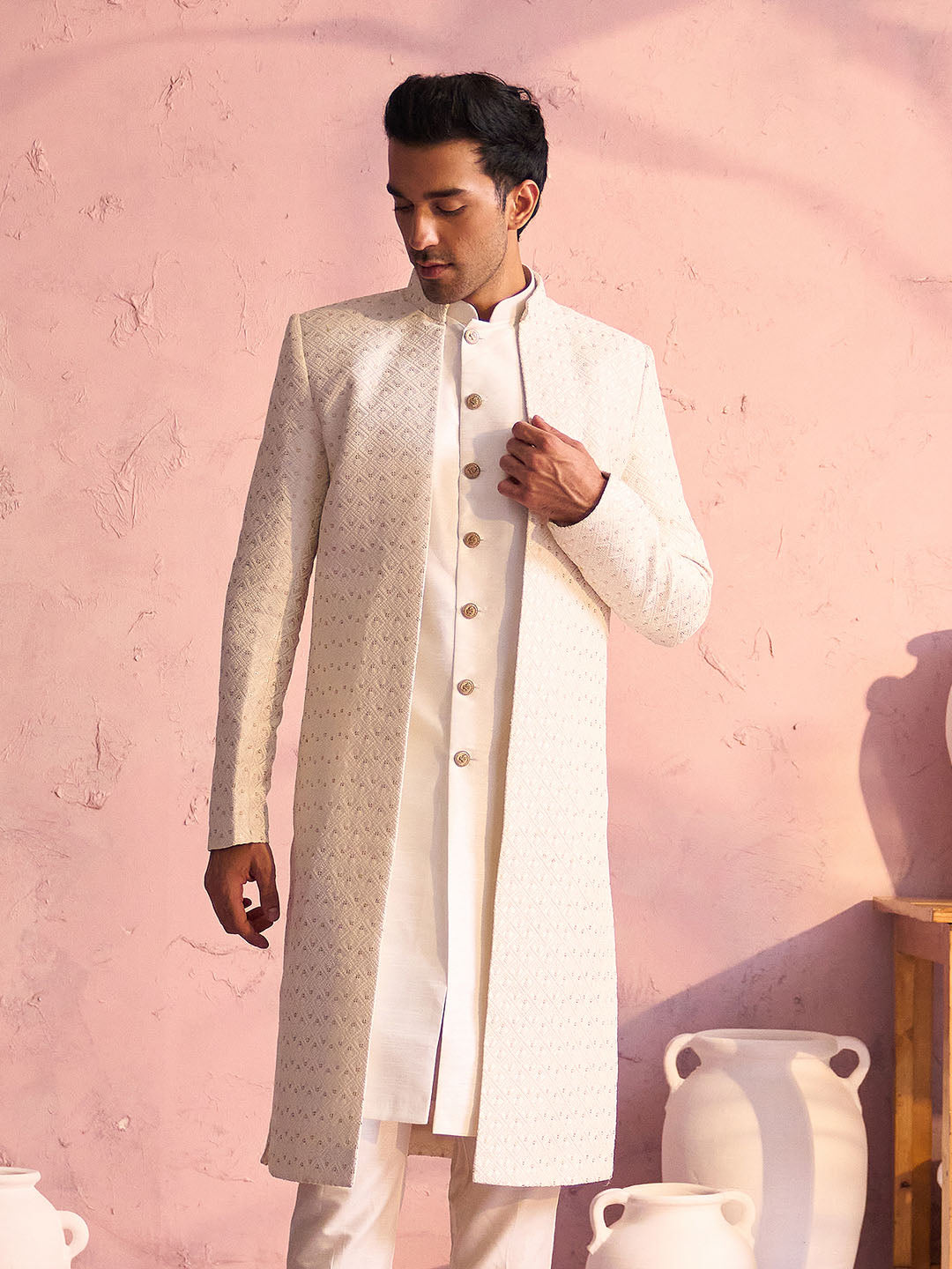 Men's Cream Silk Blend Sherwani Only Top