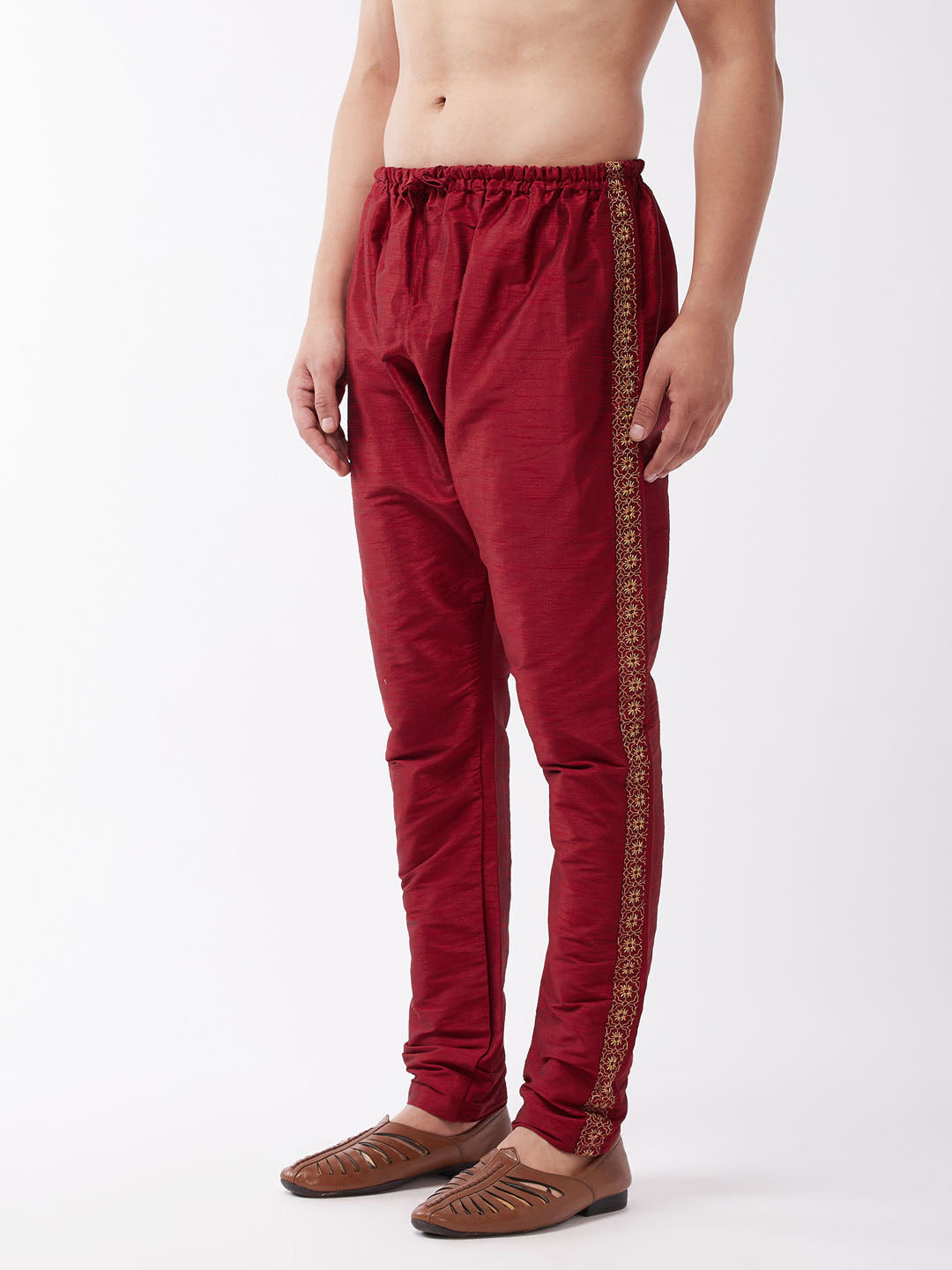 Men's Maroon Silk Blend Embroidered Pyjama