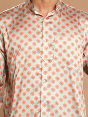 Men's Multicolored-Base-Mint Satin Ethnic Shirt