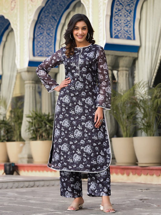 Women Black  Kota Check Floral Printed Kurta With Bottom