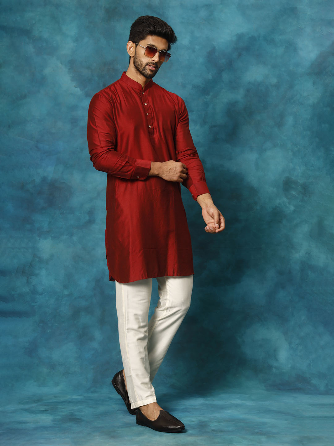 Men's Maroon And Cream Viscose Kurta Pyjama Set