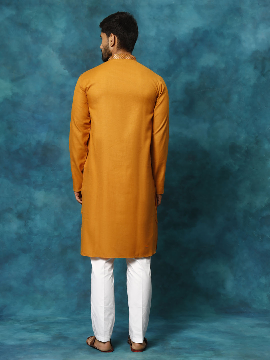 Men's Rust And White Cotton Blend Kurta Pyjama Set